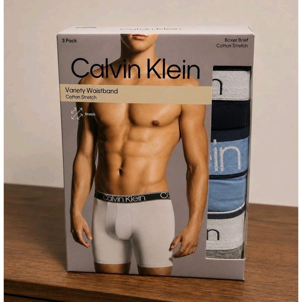 CALVIN KLEIN Mens XL Boxer Brief Blue Blk 3-Pack Cotton Stretch